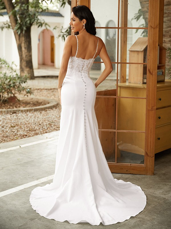 Vestidos de novia con escote en V, sin mangas, de crepé elástico, con cola larga y corte tubo/columna
