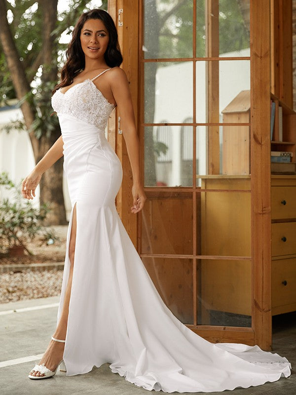 Vestidos de novia con escote en V, sin mangas, de crepé elástico, con cola larga y corte tubo/columna