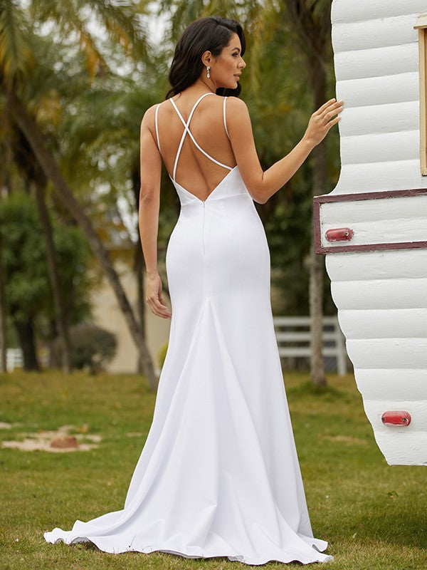 Sheath/Column Stretch Crepe Ruched V-neck Sleeveless Sweep/Brush Train Wedding Dresses