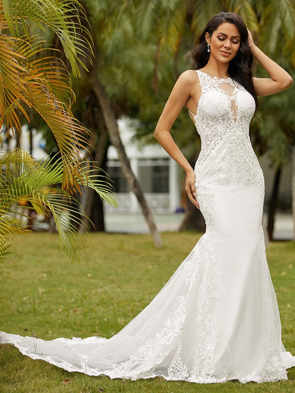 Vestidos de novia con corte tubo/columna, encaje de crepé elástico, escote redondo, sin mangas y cola catedral