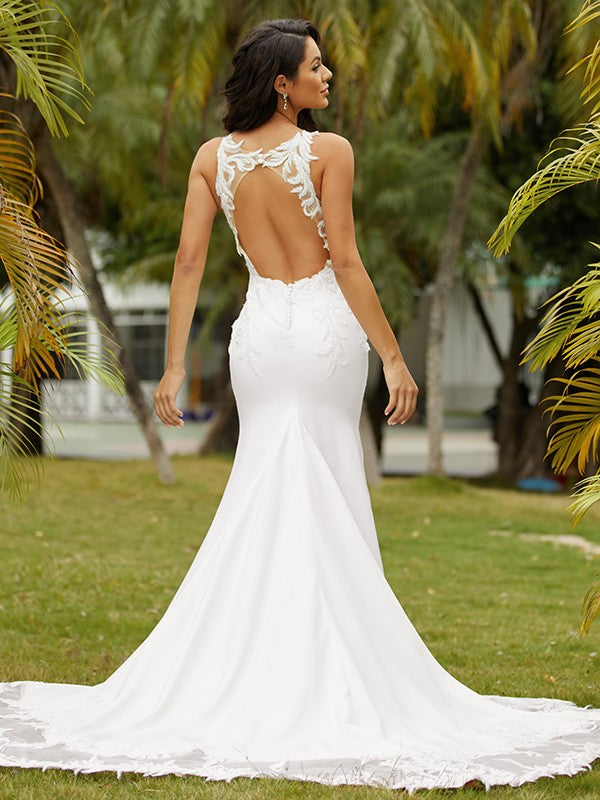 Vestidos de novia de corte tubo/columna con encaje de crepé elástico, escote redondo, sin mangas y cola larga