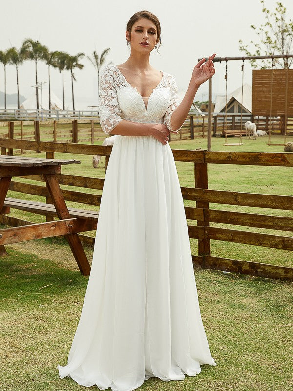 A-Linie/Princess-Linie Chiffon Spitze V-Ausschnitt 1/2 Ärmel Bodenlang Brautkleider