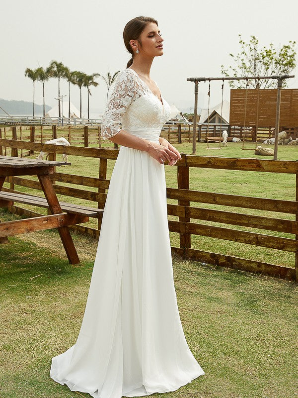 A-Linie/Princess-Linie Chiffon Spitze V-Ausschnitt 1/2 Ärmel Bodenlang Brautkleider