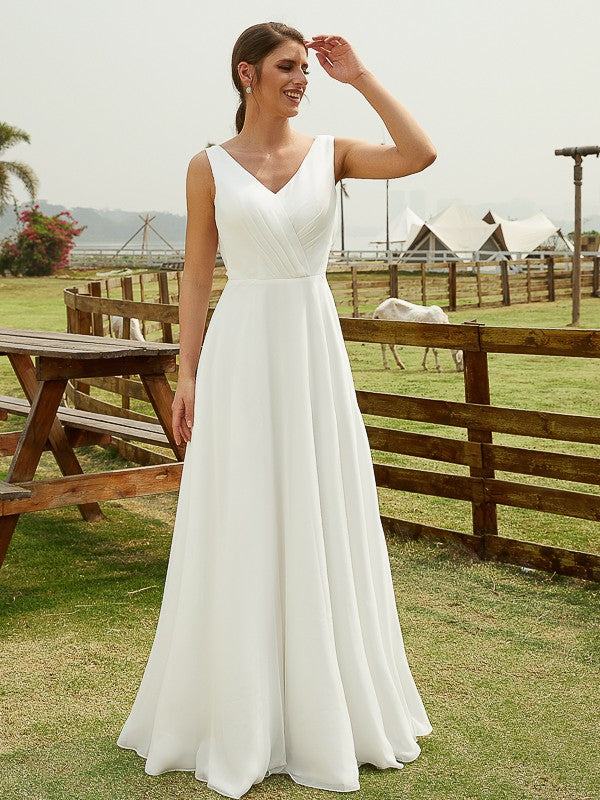 A-Linie/Princess-Linie Chiffon Rüschen V-Ausschnitt Ärmellos Bodenlang Brautkleider
