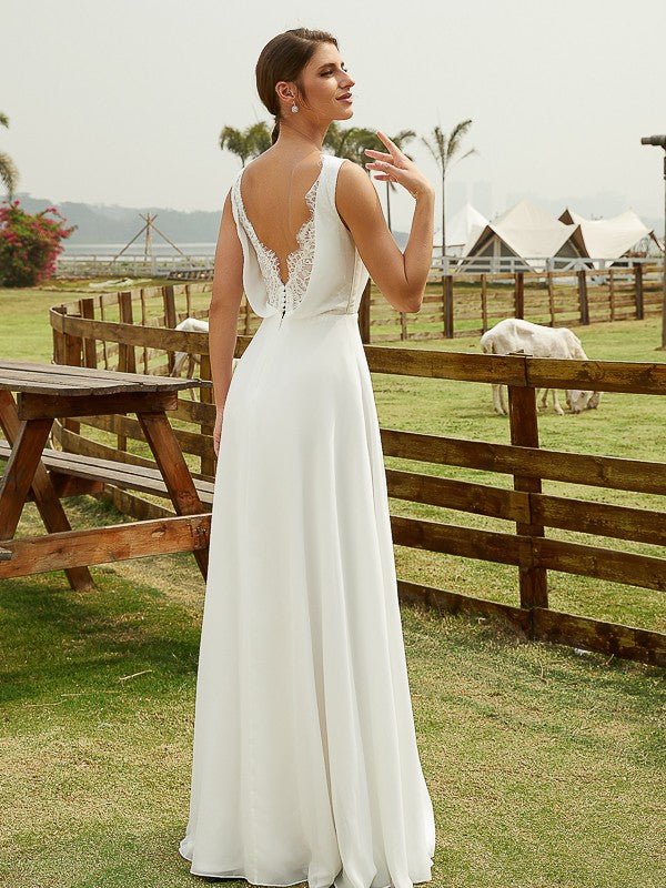 A-Linie/Princess-Linie Chiffon Rüschen V-Ausschnitt Ärmellos Bodenlang Brautkleider