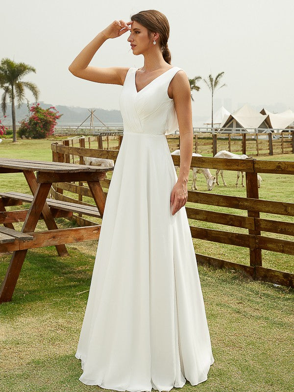 A-Linie/Princess-Linie Chiffon Rüschen V-Ausschnitt Ärmellos Bodenlang Brautkleider