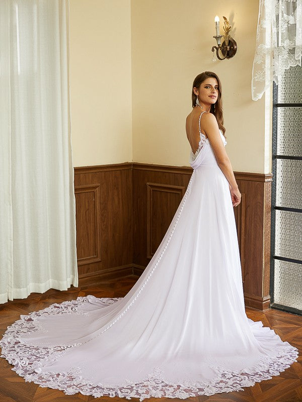 A-Linie/Princess-Linie Chiffon Spitze Spaghettiträger Ärmellos Kapelle-schleppe Brautkleider