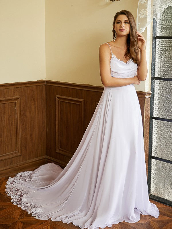 A-Linie/Princess-Linie Chiffon Spitze Spaghettiträger Ärmellos Kapelle-schleppe Brautkleider