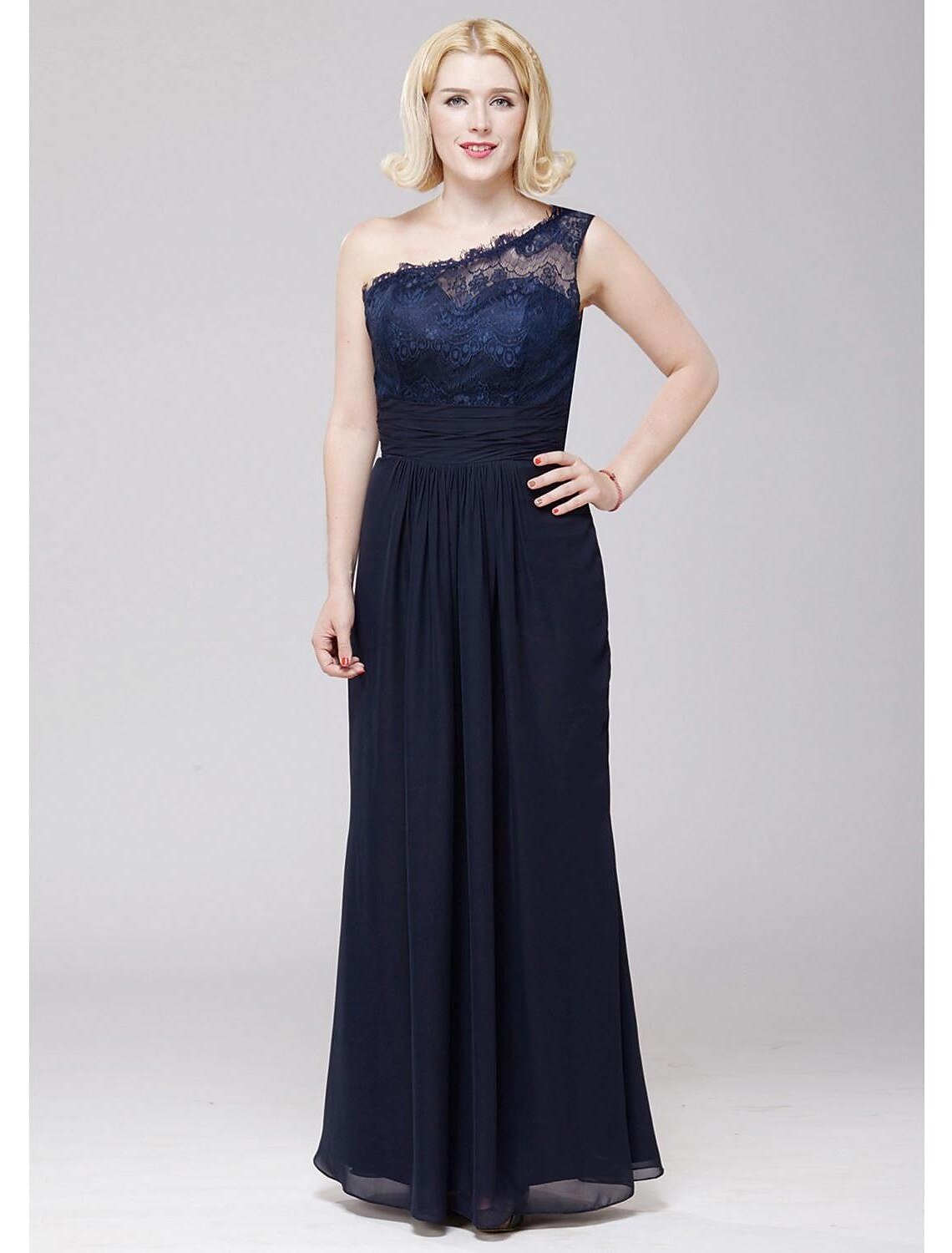 Vestido de dama de honor de corte A, un hombro, sin mangas, elegante, largo hasta el suelo, de gasa/encaje con encaje/faja/cinta