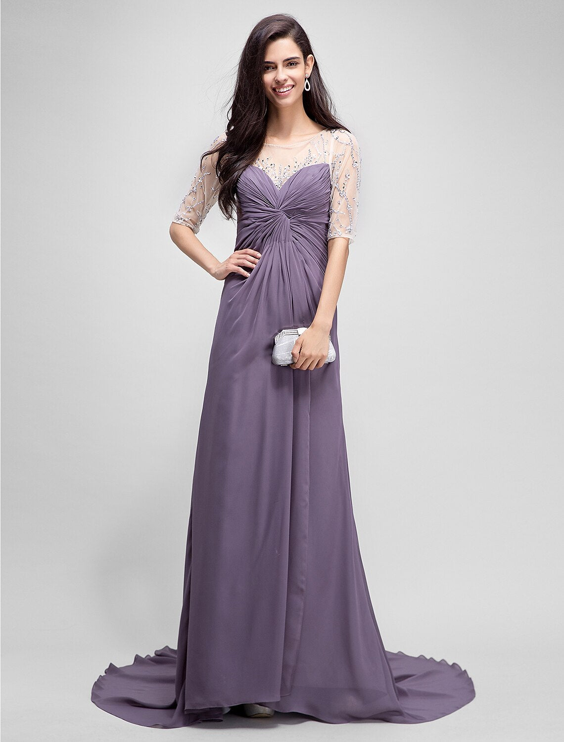 A-Linien-Kleid für die Brautmutter, elegant, U-Ausschnitt, bodenlang, Chiffon, halbe Ärmel, nein, mit überkreuzten Perlen