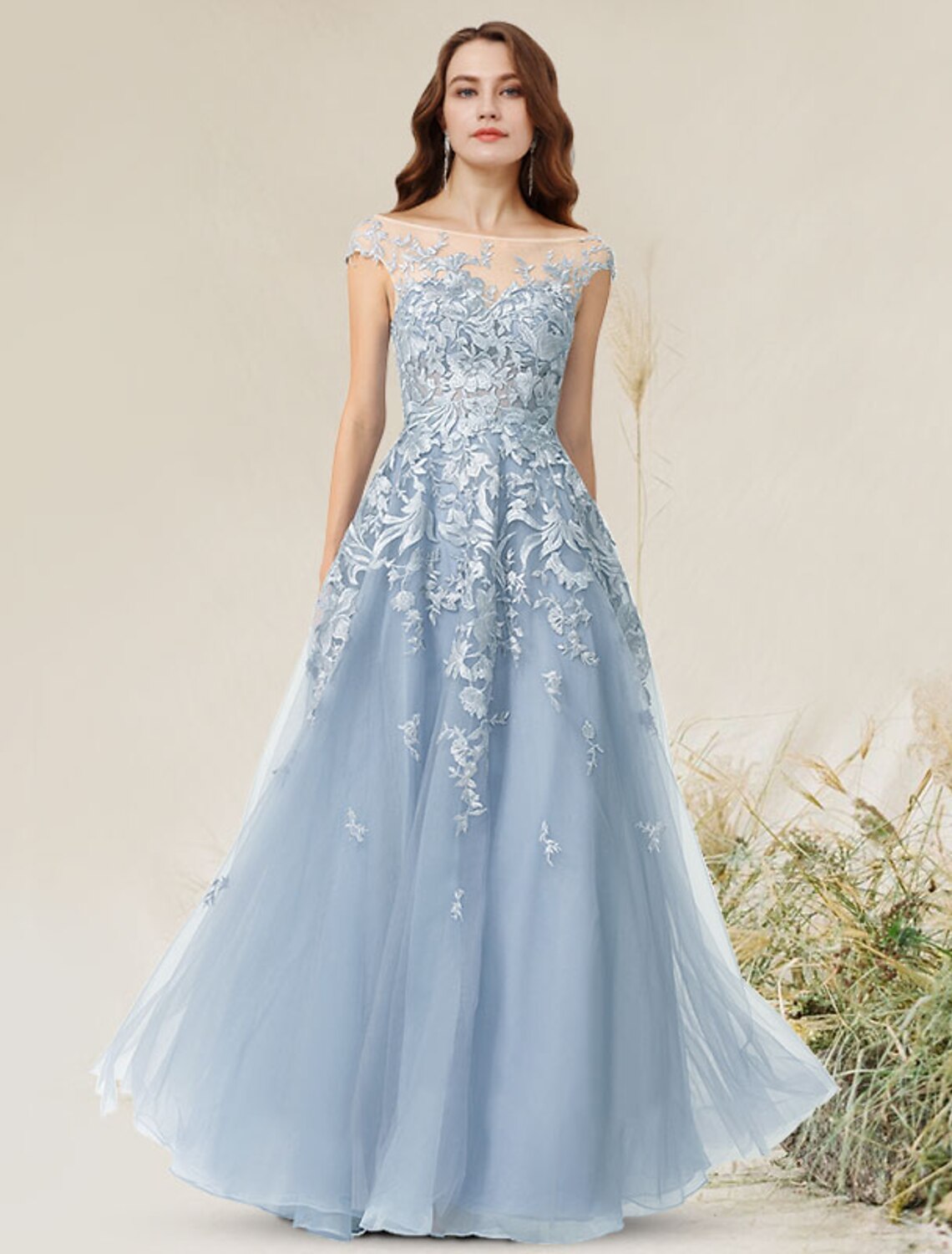 A-Linie Empire Elegantes Partykleid Formelles Abendkleid Rundhalsausschnitt Ärmellos Bodenlang Spitze mit Applikationen