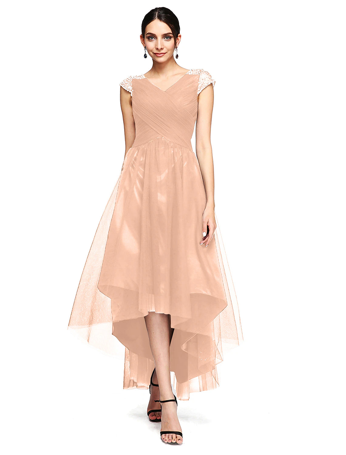 A-Linien-Kleid für besondere Anlässe, rückenfreies Kleid für Hochzeitsgäste, Abschlussball, asymmetrisch, kurze Ärmel, V-Ausschnitt, Tüll mit überkreuzten Perlen