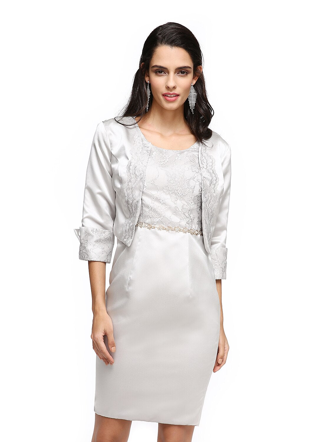 Sheath / Column Mother of the Bride Dress Two Piece Jewel Neck Short / Mini Satin Half Sleeve No with Pleats