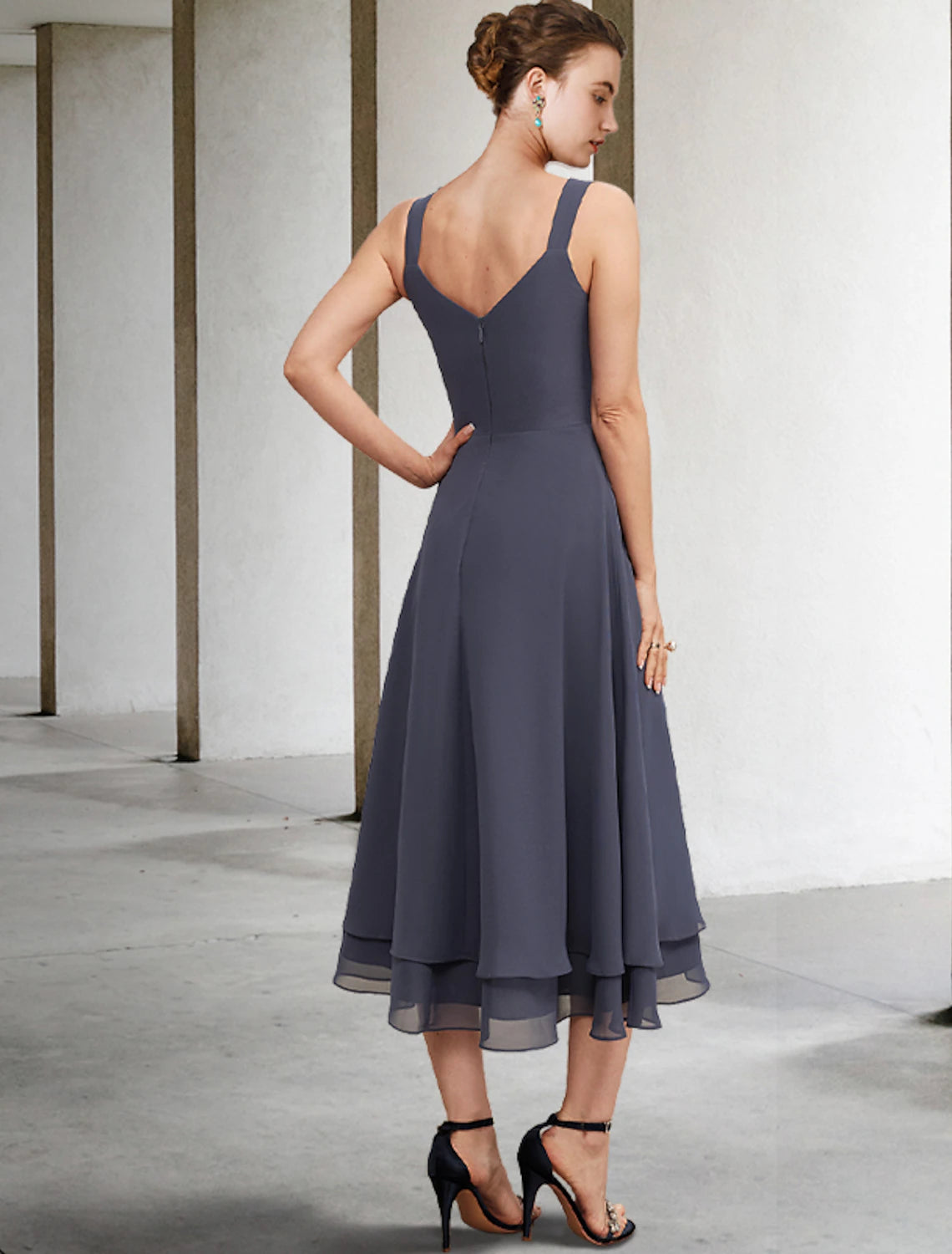 A-Linien-Kleid für die Brautmutter, elegant, V-Ausschnitt, knielang, Chiffon, Spitze, ärmellos, Jackenkleider mit Stufen, einfarbig