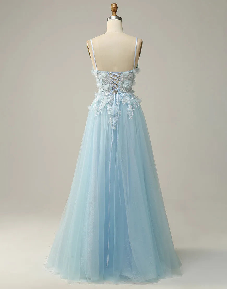 A-Line 3D Appliques Spaghetti Straps Tulle Prom Dress