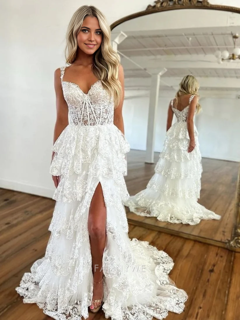 A Line Long Off the Shoulder Sweetheart Sleeveless Tiered Ruffles Tulle formal dresses Bridesmaid Dresses evening gown Prom Dress With Split