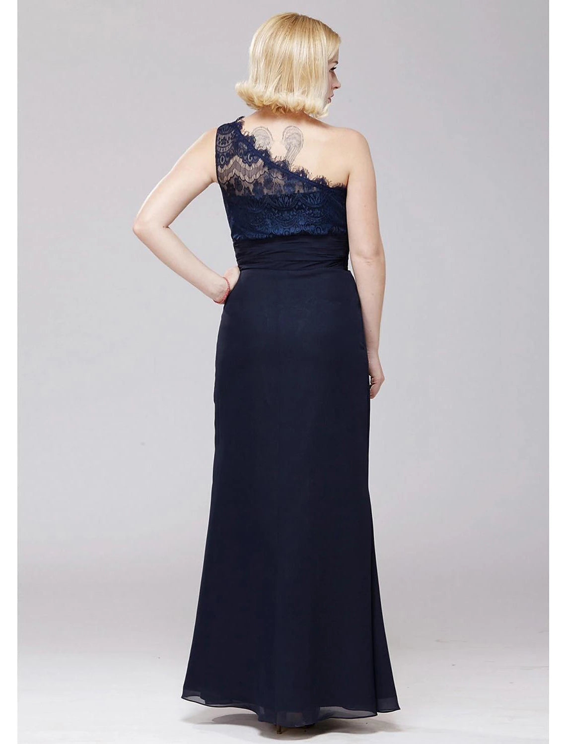 Vestido de dama de honor de corte A, un hombro, sin mangas, elegante, largo hasta el suelo, de gasa/encaje con encaje/faja/cinta