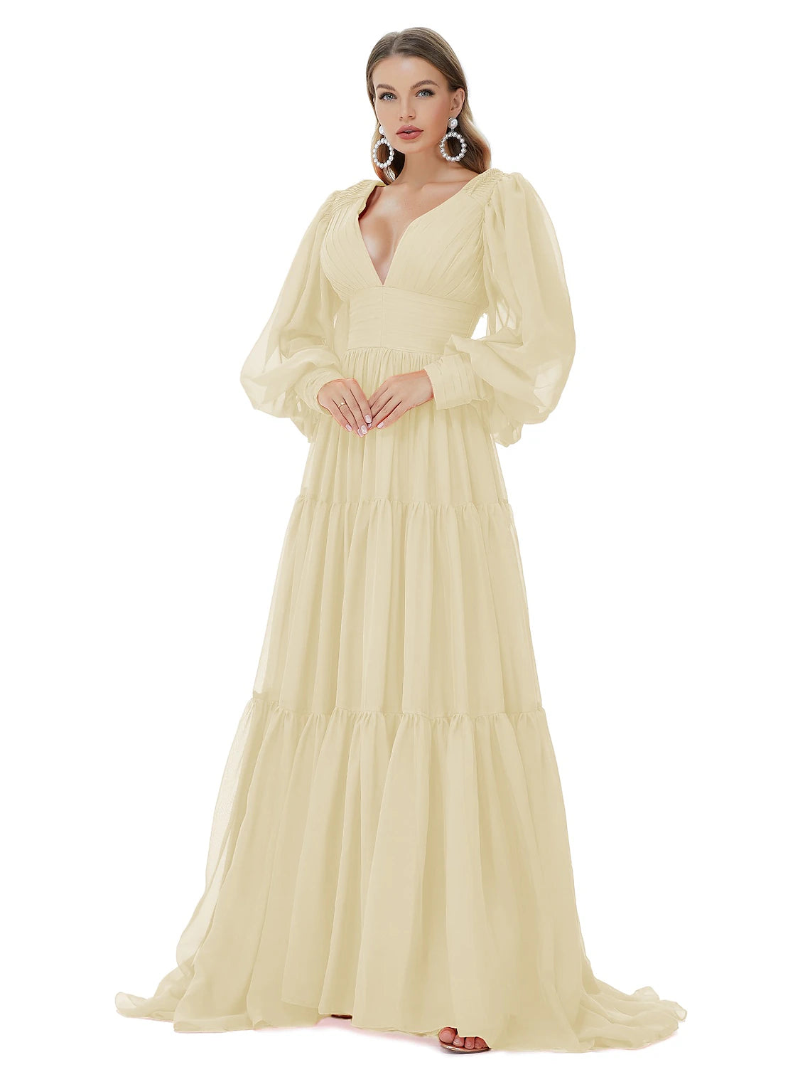 Vestidos de fiesta de corte A, sexys, para fiesta, formales, de noche, con cola larga y escote en V, de gasa con fruncido.