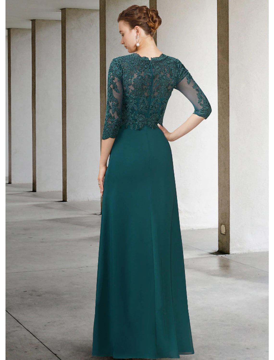 A-Linien-Kleid für die Brautmutter, elegant, V-Ausschnitt, bodenlang, Chiffon, Spitze, halbe Ärmel mit drapierten Applikationen