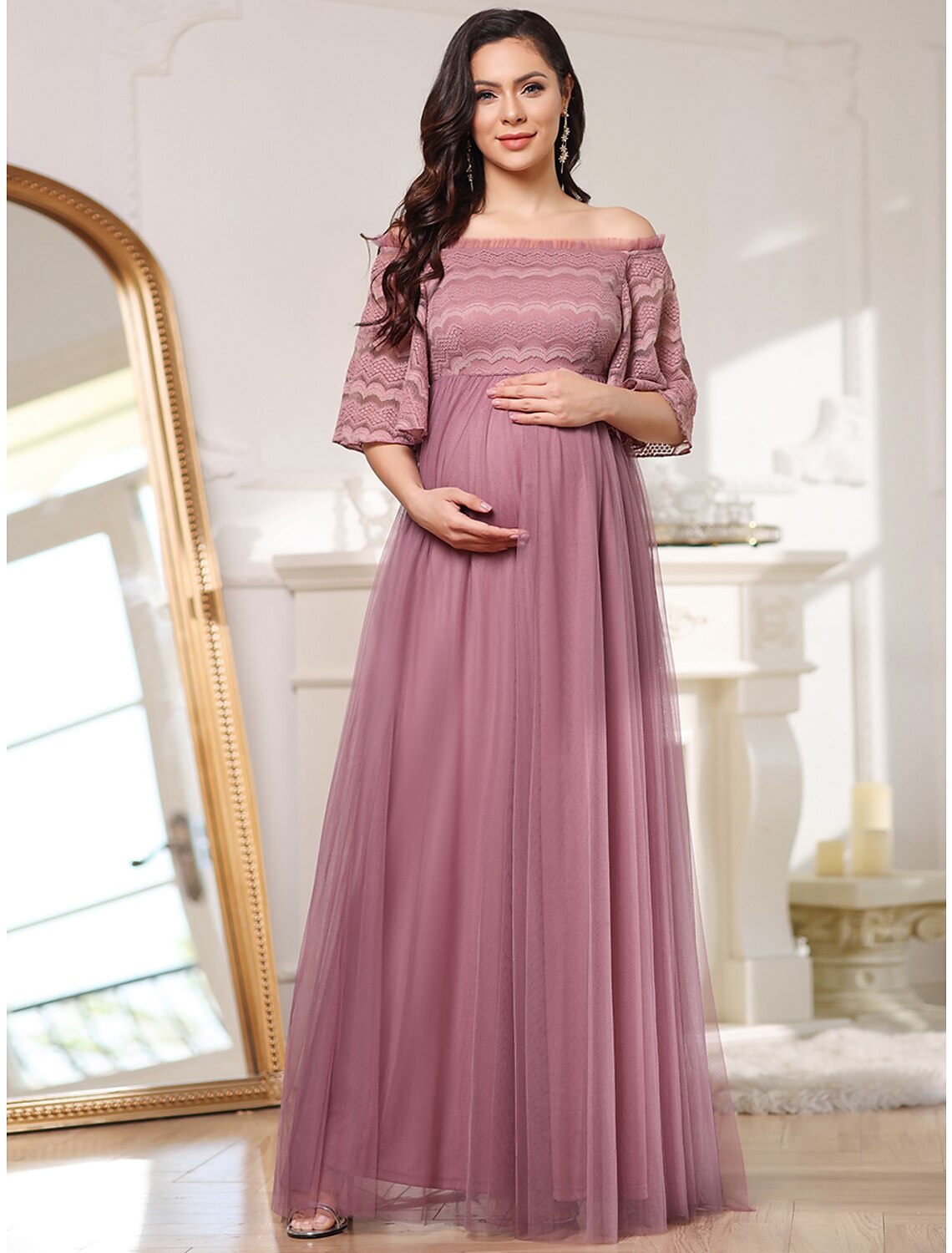 A-Linien-Kleid für die Brautmutter, elegant, schulterfrei, bodenlang, Spitze, Tüll, ärmellos, mit Stufen