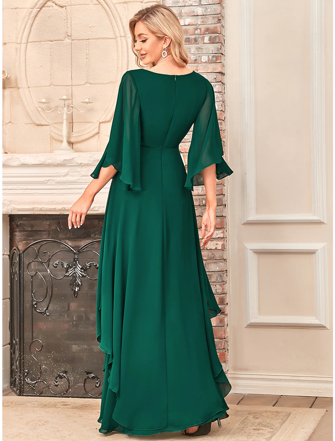 A-Linien-Kleid für die Brautmutter, elegant, V-Ausschnitt, bodenlang, Chiffon, halbe Ärmel, mit Schärpe/Band