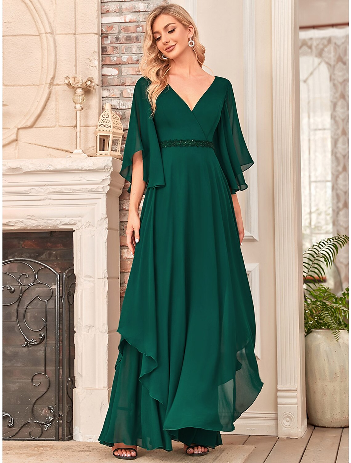 A-Linien-Kleid für die Brautmutter, elegant, V-Ausschnitt, bodenlang, Chiffon, halbe Ärmel, mit Schärpe/Band