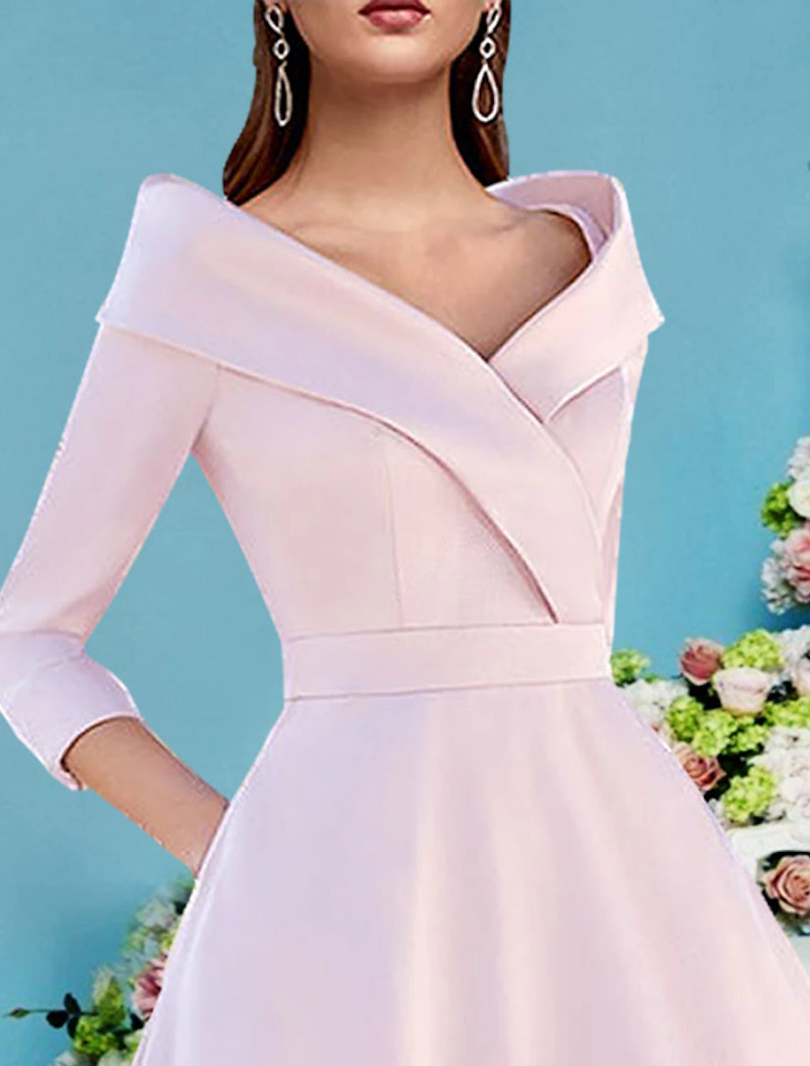 A-Linien-Kleid für die Mutter der Braut, Herbst, Hochzeitsgast, Vintage, elegant, V-Ausschnitt, knielang, Satin, 3/4-Ärmel mit Falten