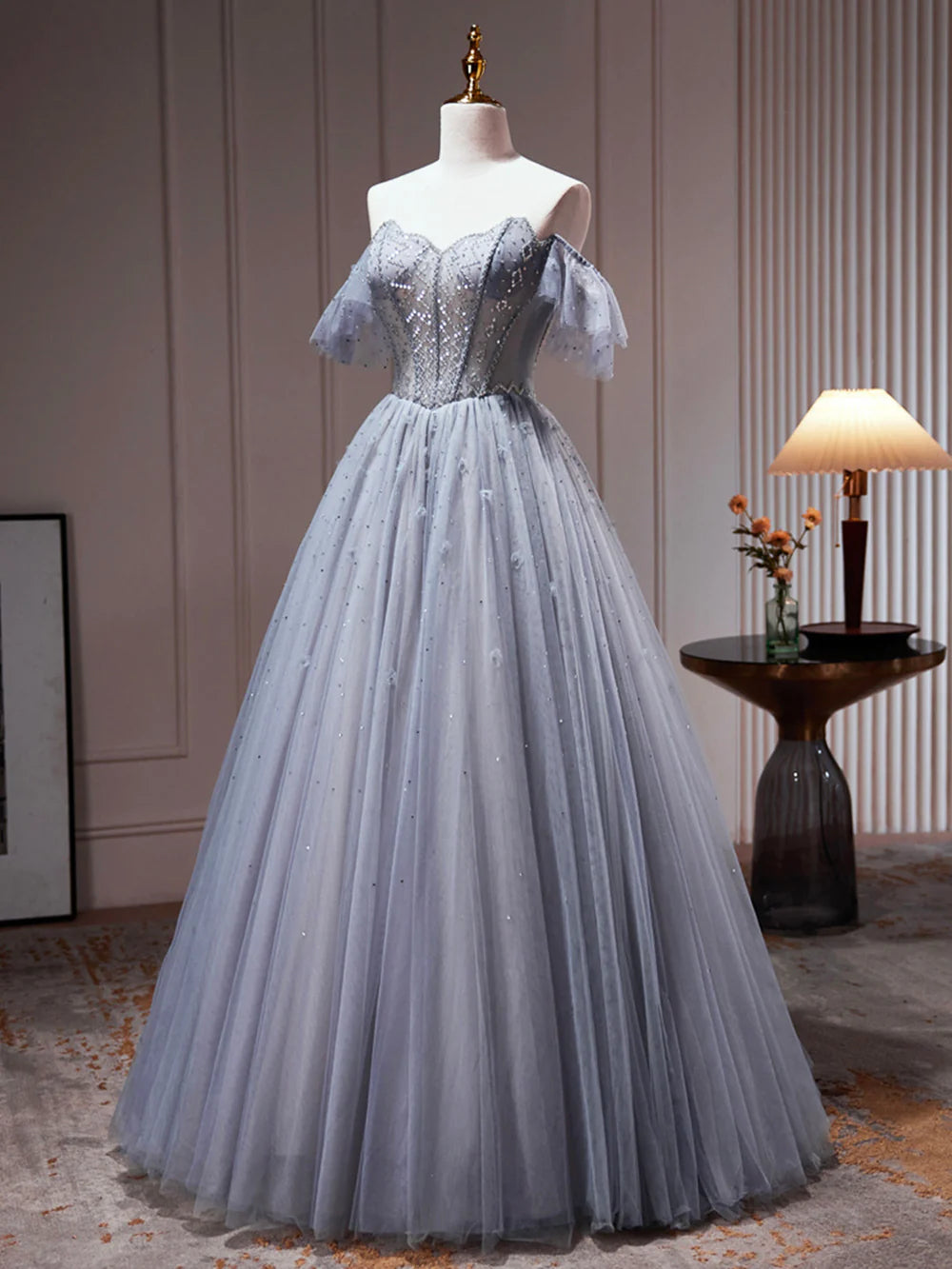 A-Linie Tüll Off Shoulder Perlen Partykleid Abendkleid Ballkleid