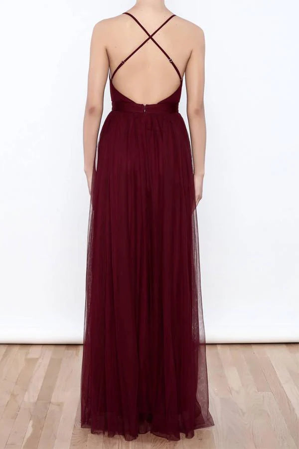 Vestidos de fiesta sexys de tul con escote en V profundo y abertura alta