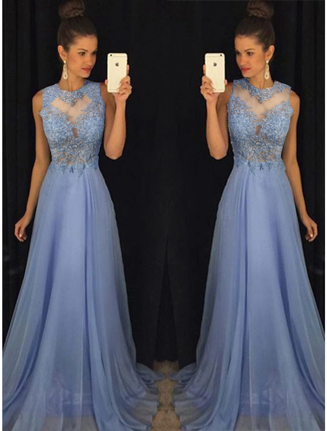 A-Linie Empire-Abschlussball Formeller Abendkleid Rundhalsausschnitt Ärmellos Sweep/Pinsel Schleppe Chiffon mit Perlenapplikationen