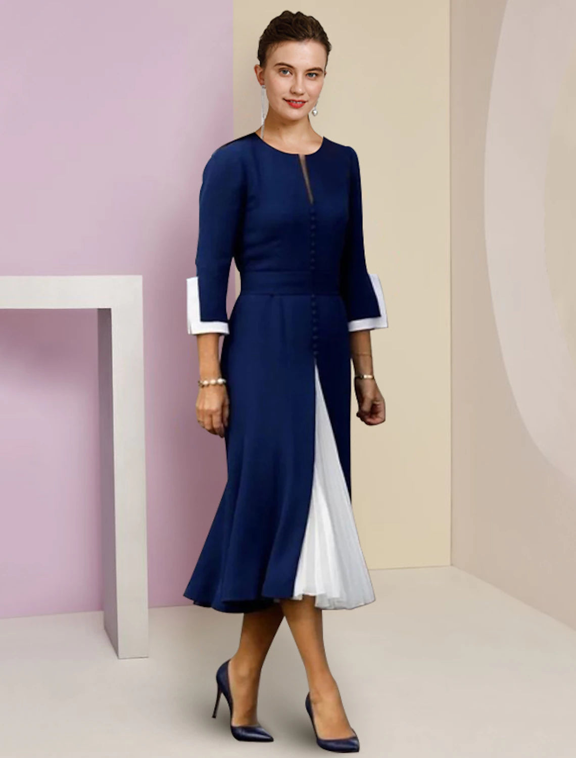 A-Linien-Kleid für die Mutter der Braut, formeller Hochzeitsgast, eleganter U-Ausschnitt, knielang, Stretch-Chiffon, 3/4-Ärmel mit Knöpfen, Farbblock