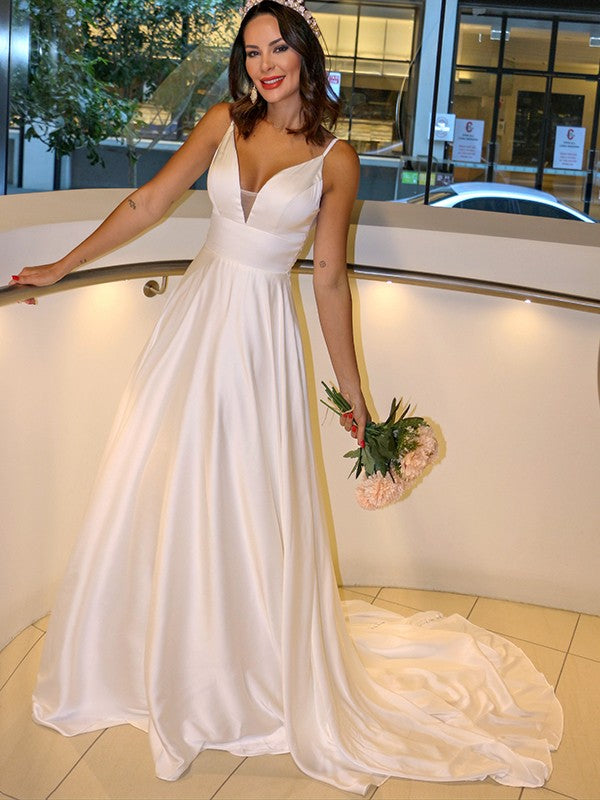A-Line/Princess Woven Satin Spaghetti Straps Ruffles Sleeveless Sweep/Brush Train Wedding Dresses