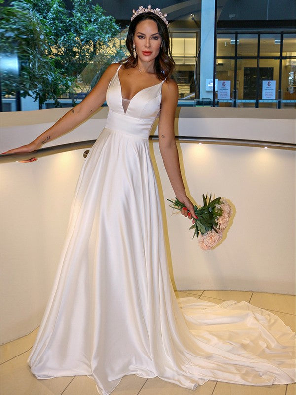A-Line/Princess Woven Satin Spaghetti Straps Ruffles Sleeveless Sweep/Brush Train Wedding Dresses