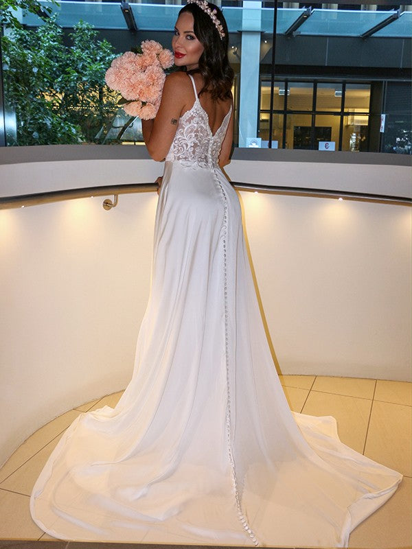 A-Line/Princess Woven Satin Spaghetti Straps Ruffles Sleeveless Sweep/Brush Train Wedding Dresses
