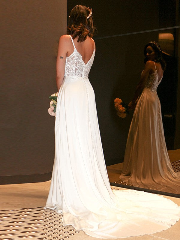A-Line/Princess Woven Satin Spaghetti Straps Ruffles Sleeveless Sweep/Brush Train Wedding Dresses