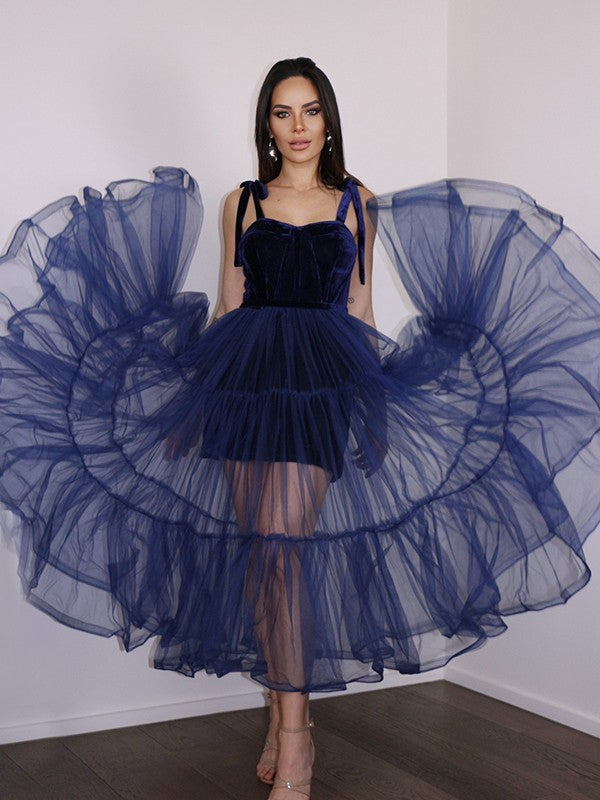 Vestidos de fiesta de corte A/princesa, de tul, con volantes, tirantes finos, sin mangas, hasta la rodilla