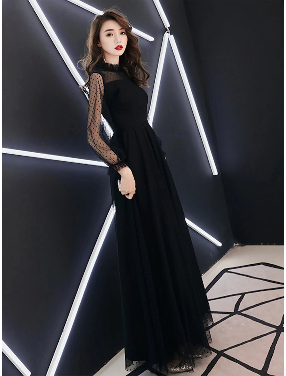 A-Line Black Dress Elegant Party Wear Prom Dress High Neck Long Sleeve Floor Length Lace with Ruffles