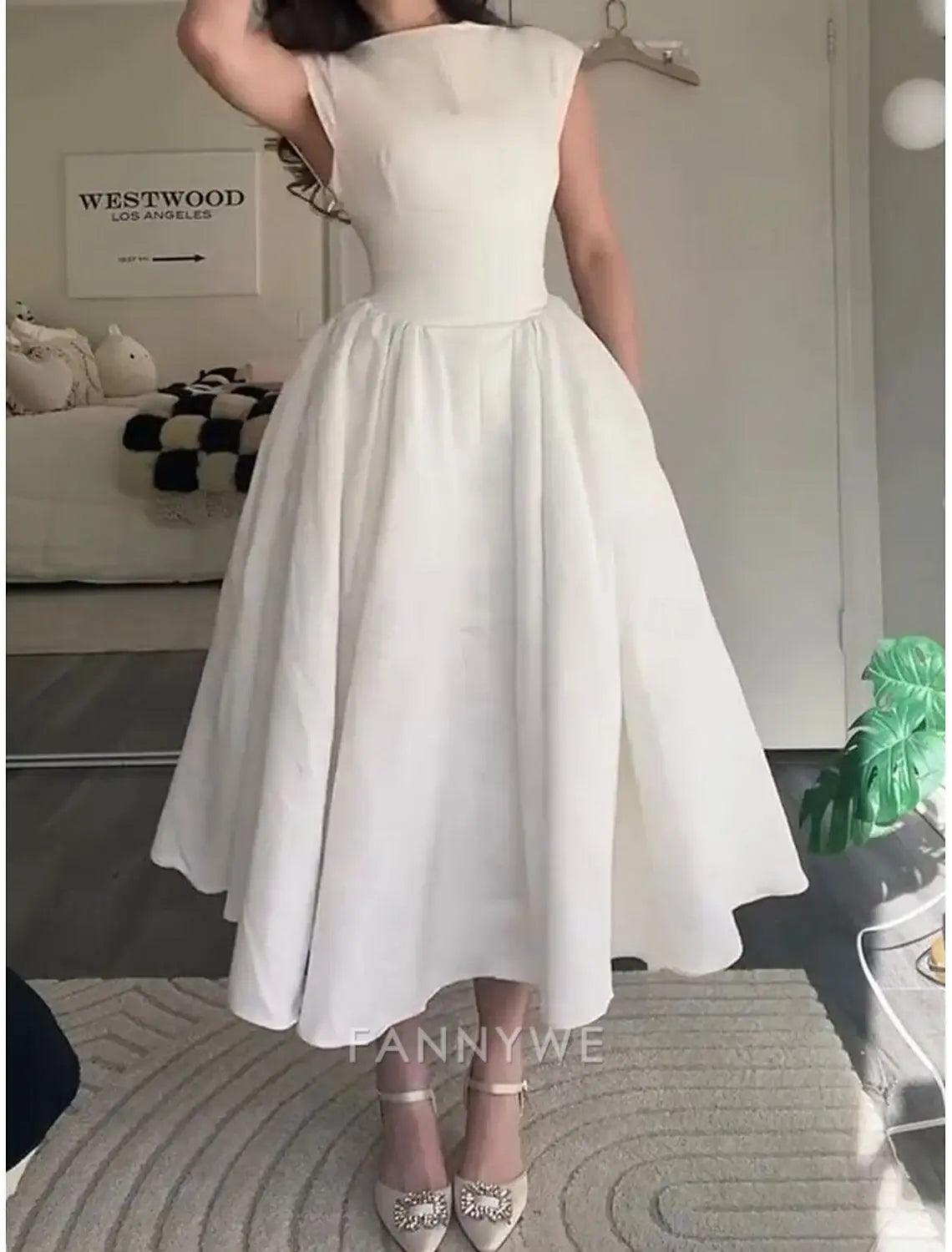FannyWe Schlichte A-Linie Partykleider Elegantes Kleid Hochzeit Hochzeitsgast Knöchellang Ärmellos Juwelausschnitt Polyester Rückenfrei mit Falten Kleider