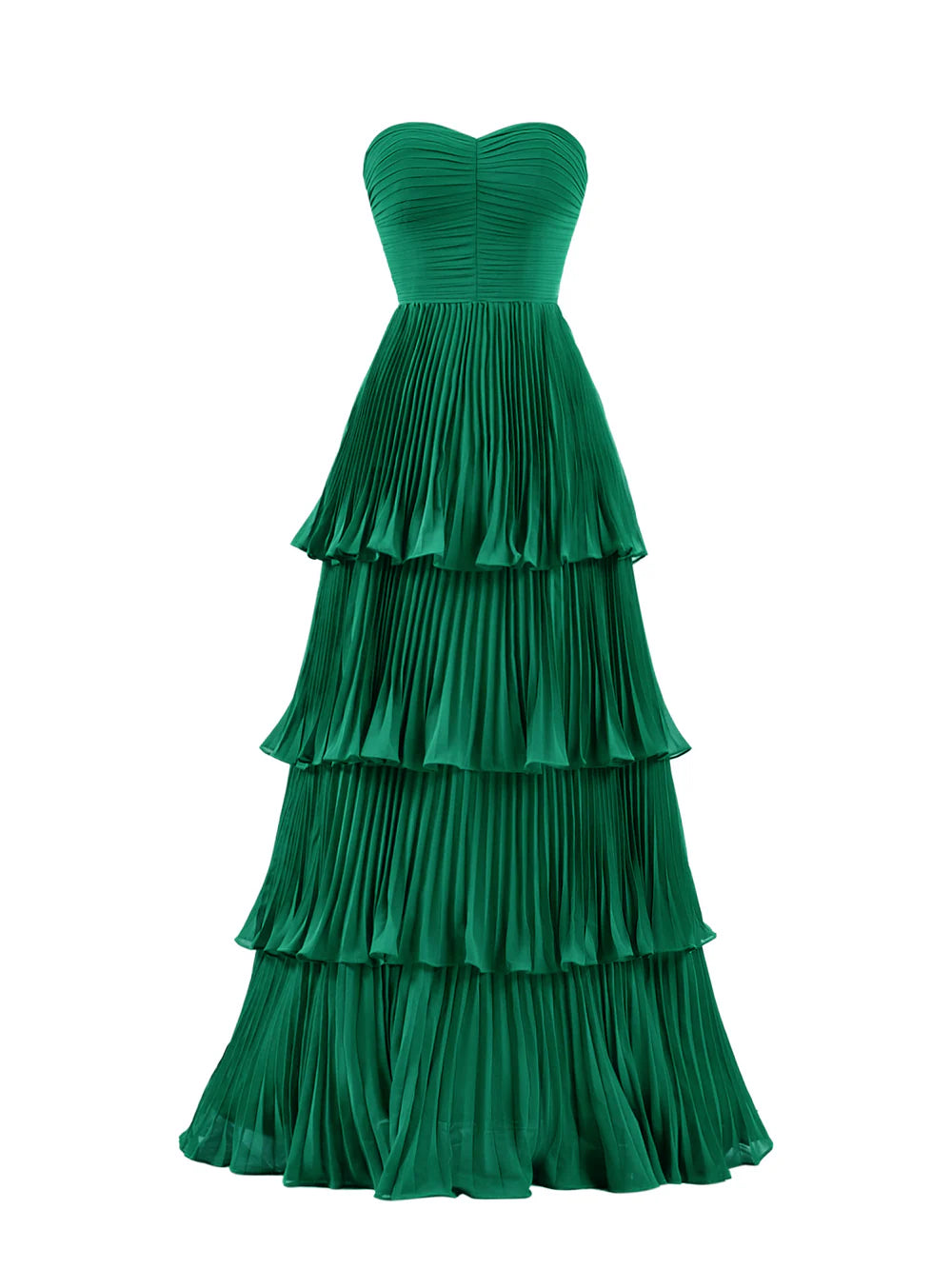 Trägerloses, langes, mehrlagiges Ballkleid mit Rüschen