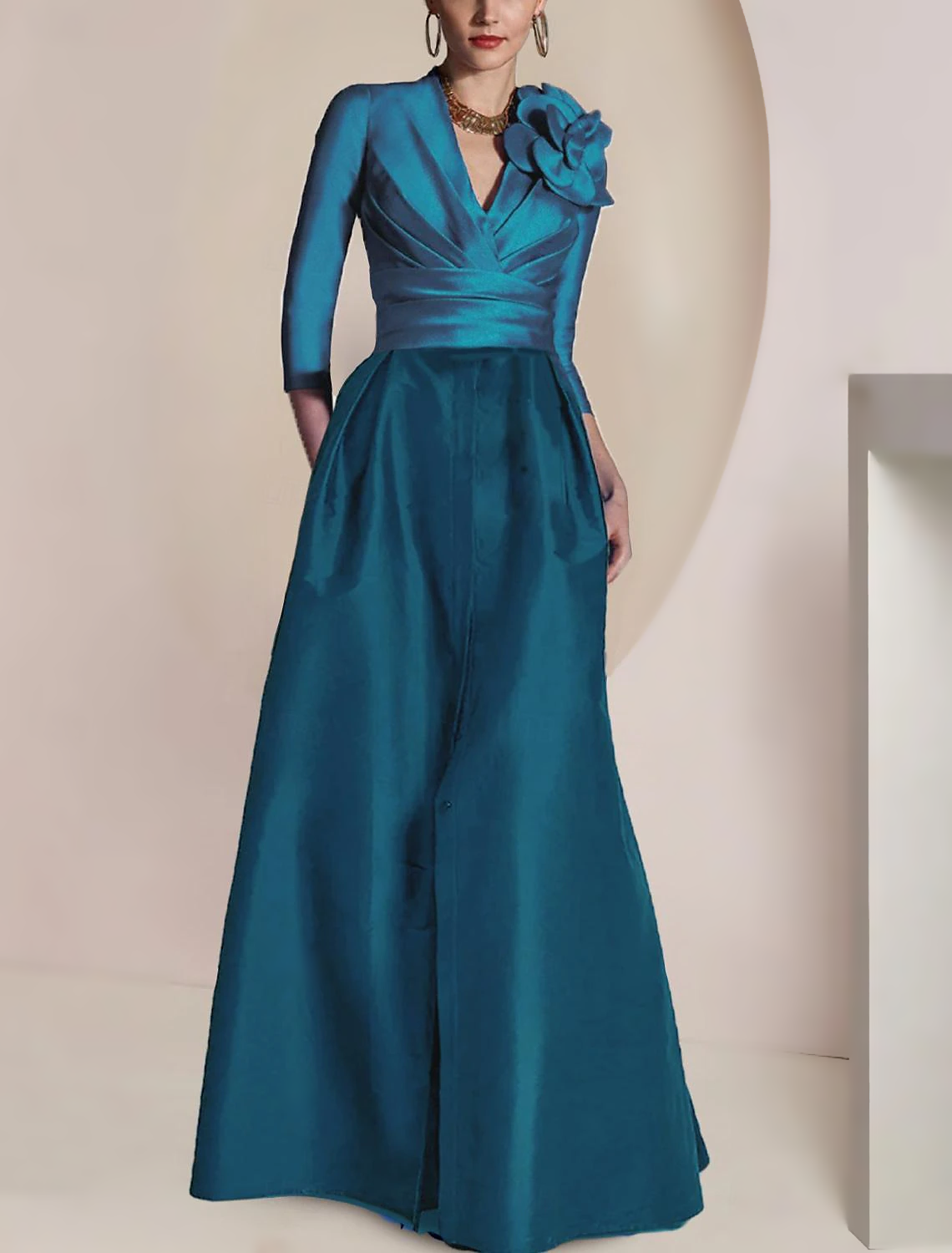 A-Line Mermaid / Trumpet Sheath / Column Mother of the Bride Dress Elegant Vintage Party Jewel Neck V Neck Floor Length Chiffon 3/4 Length Sleeve Half Sleeve with Ruched Draping Split Front