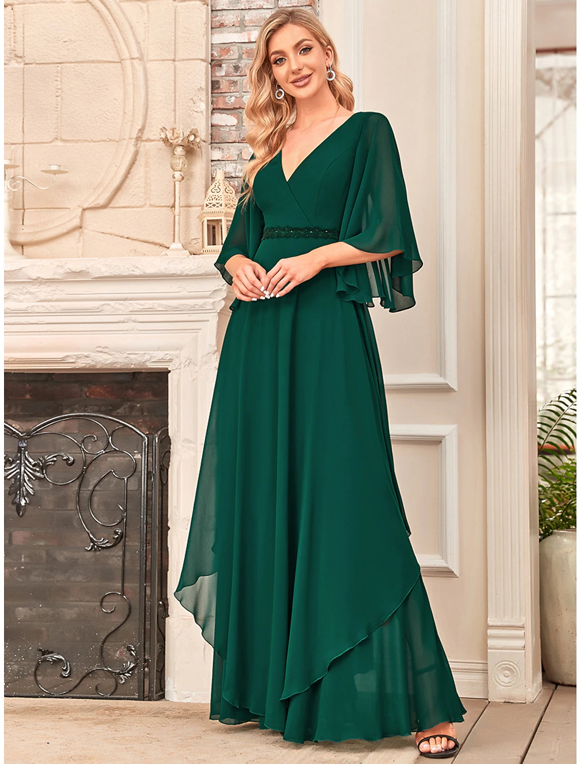 A-Linien-Kleid für die Brautmutter, elegant, V-Ausschnitt, bodenlang, Chiffon, halbe Ärmel, mit Schärpe/Band