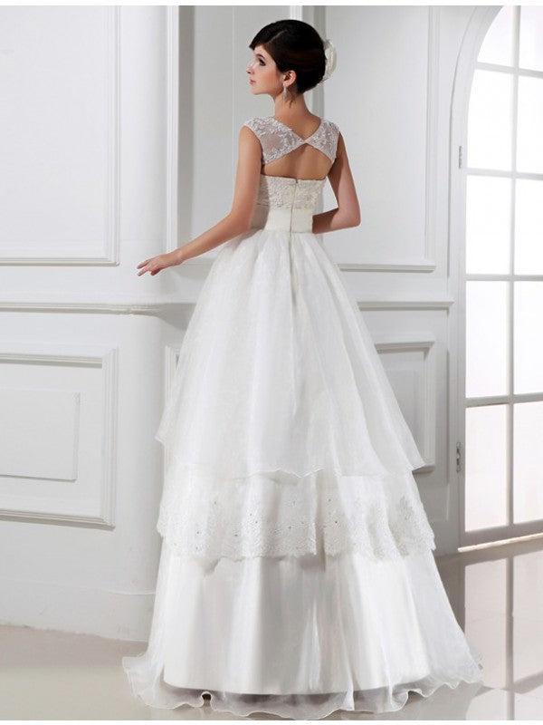 A-Linie/Princess-Linie Perlen verziert Ärmellos Lange Spitze Organza Brautkleider