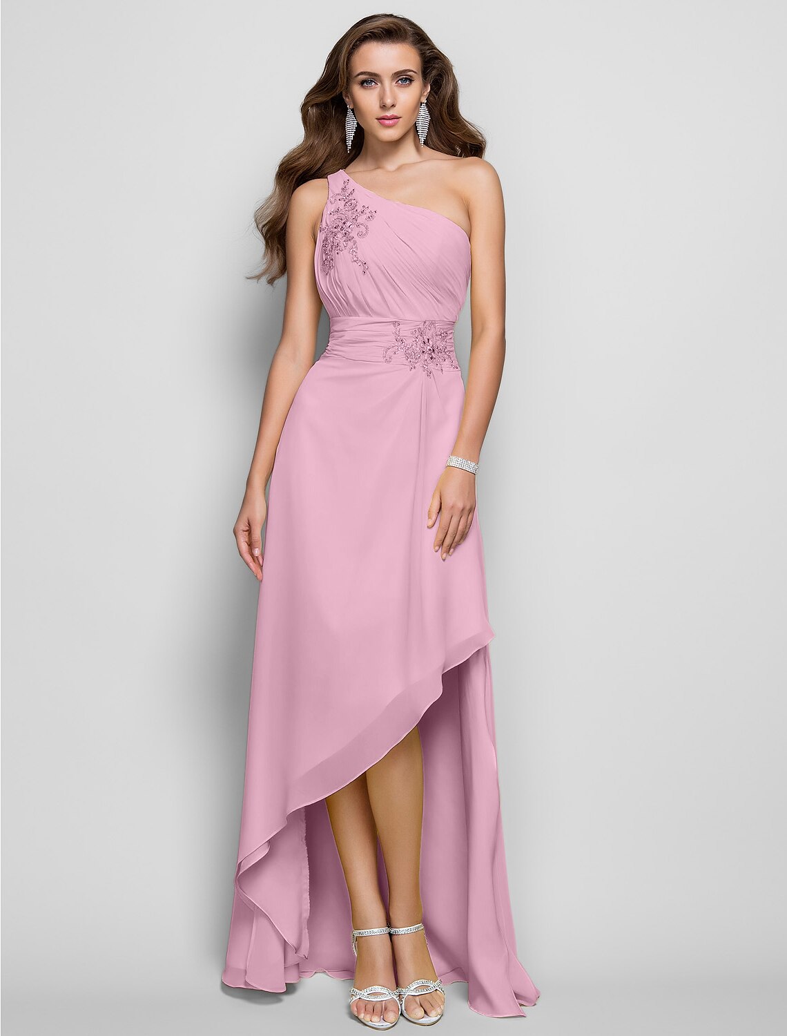 Vestido elegante de corte tubo/columna para invitada de boda, cóctel, asimétrico, sin mangas, un hombro, dama de honor, de gasa con apliques de abertura y cuentas.