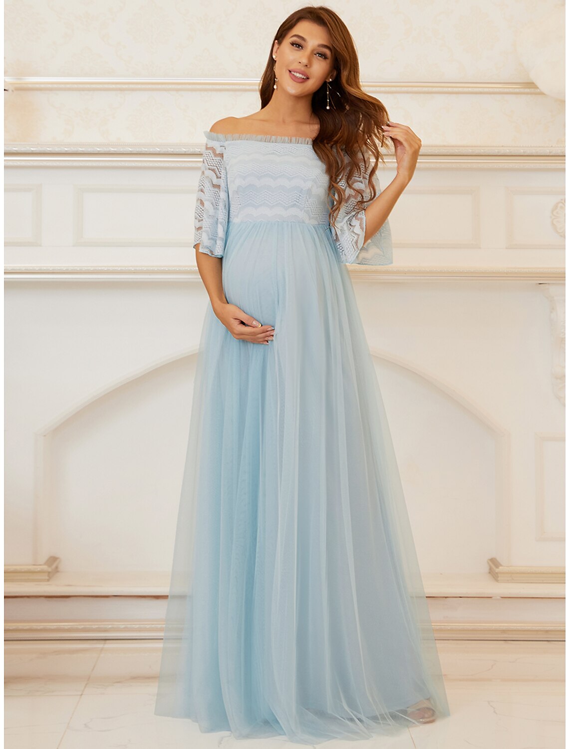 A-Linien-Kleid für die Brautmutter, elegant, schulterfrei, bodenlang, Spitze, Tüll, ärmellos, mit Stufen