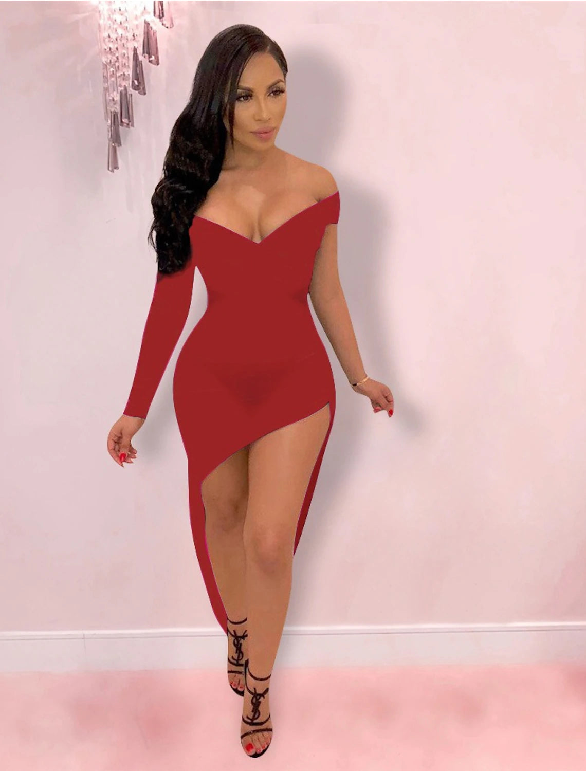 Vestido sexy y caliente para fiesta, para club, con abertura alta, escote en V, hombros descubiertos, manga larga, ajustado, asimétrico, de licra, con diseño elegante