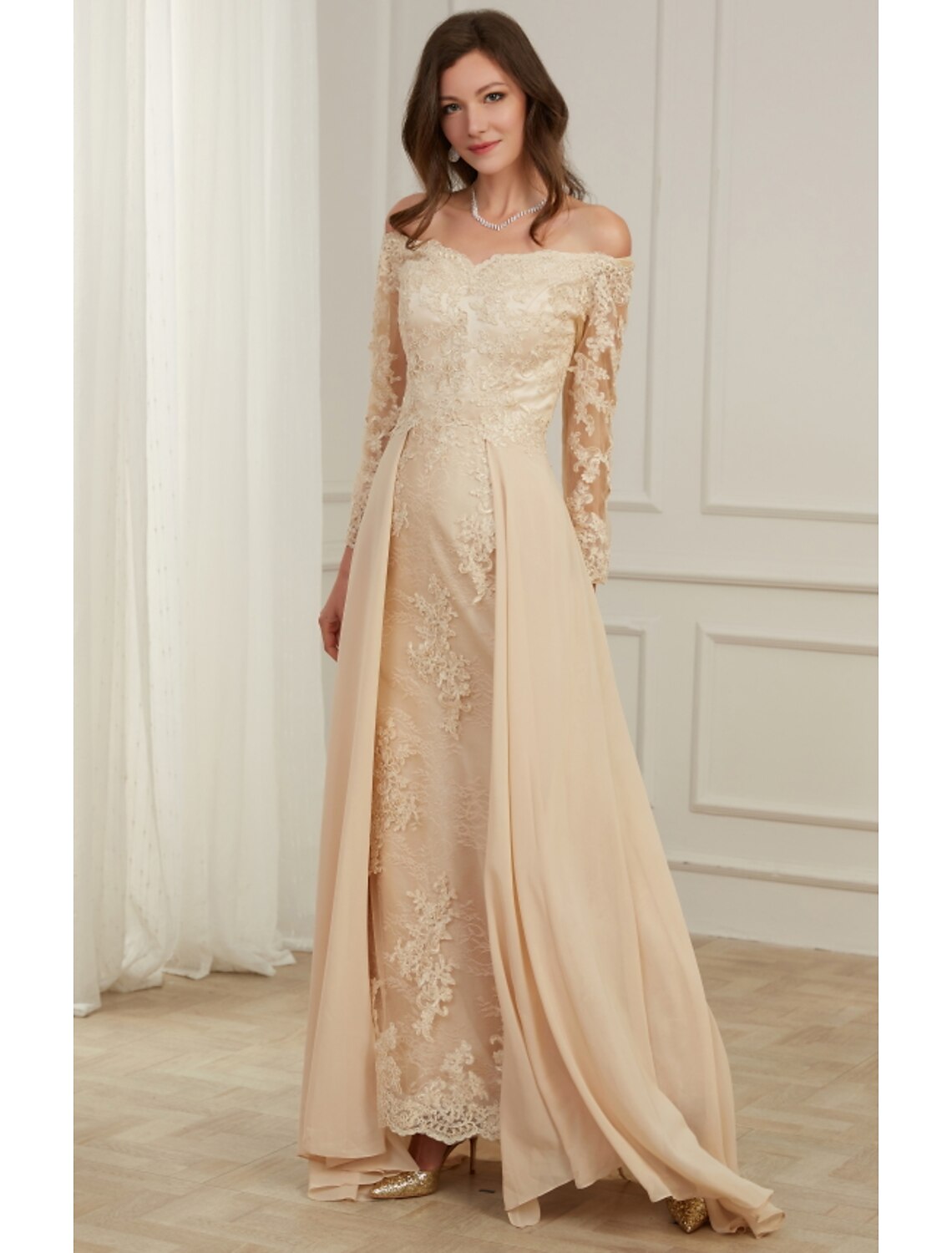 A-Line Evening Gown Elegant Dress Wedding Guest Floor Length Long Sleeve Off Shoulder Polyester with Overskirt Appliques