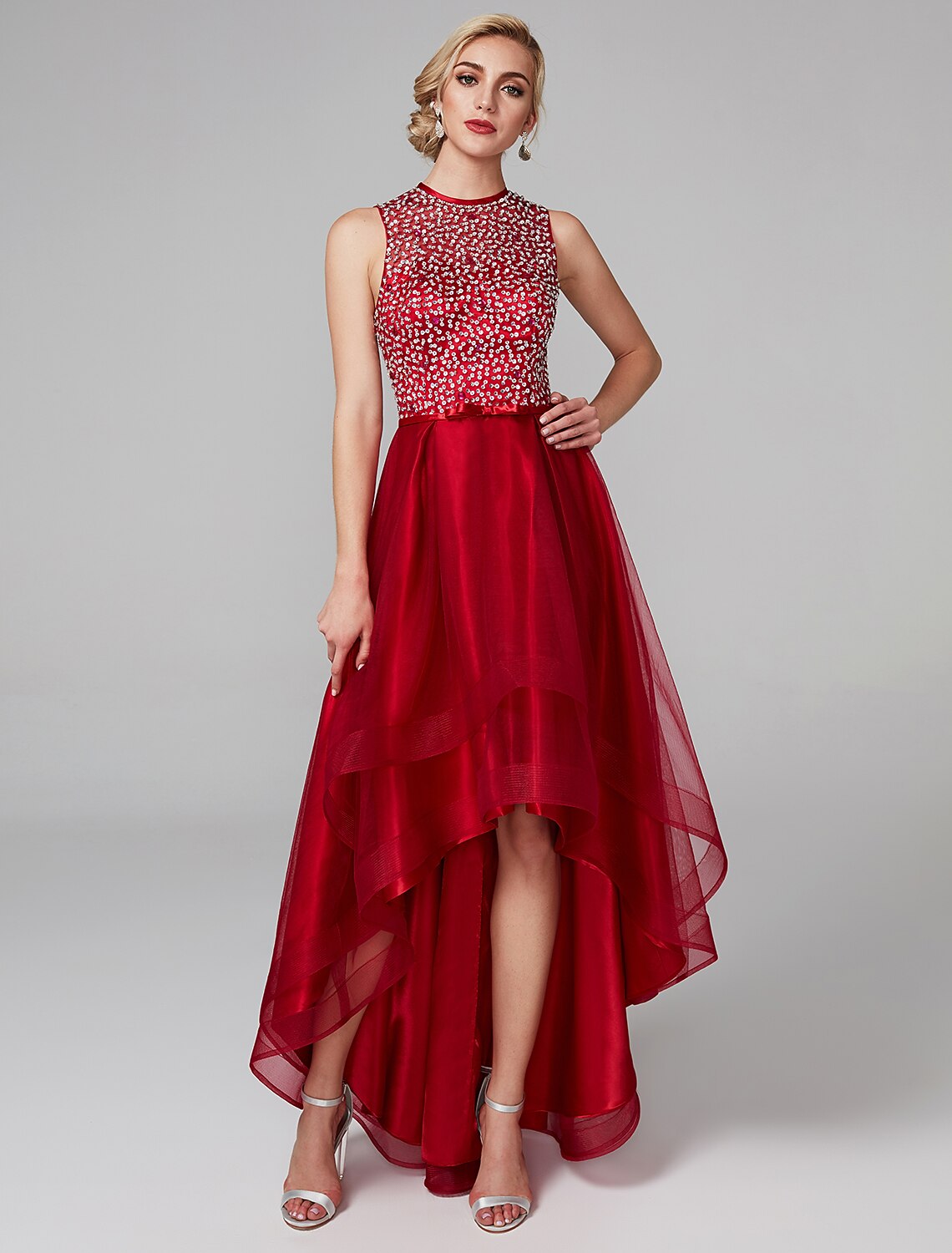 Vestido de fiesta de satén con lentejuelas y brillo, asimétrico, sin mangas, con escote joya y lazo(s)