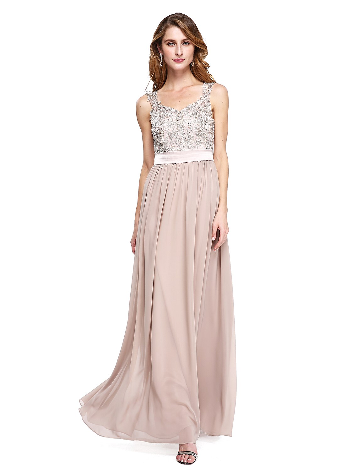 A-Linie Kleid für die Brautmutter Elegante Träger Bodenlang Chiffon Ärmellos Nein mit Schärpe/Band Perlenbesatz Applikationen