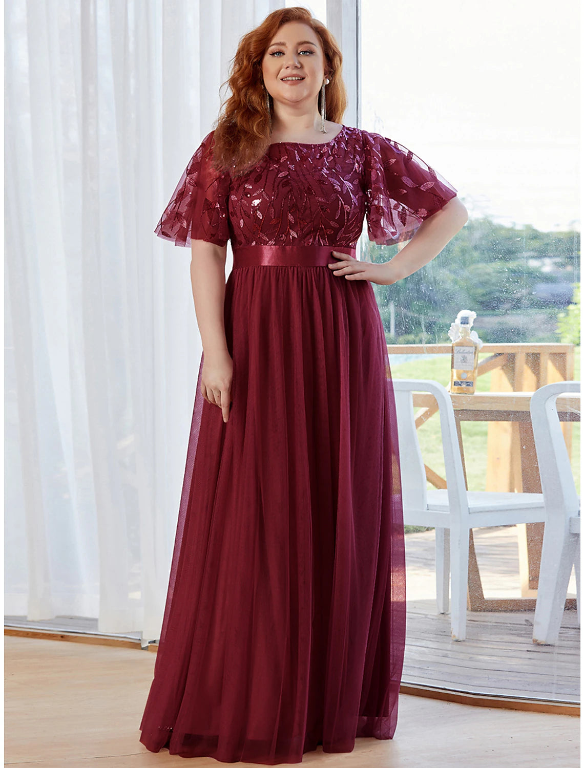 A-Line Prom Dresses Vintage Dress Prom Floor Length Short Sleeve Jewel Neck Tulle with Sequin Ruffles Applique