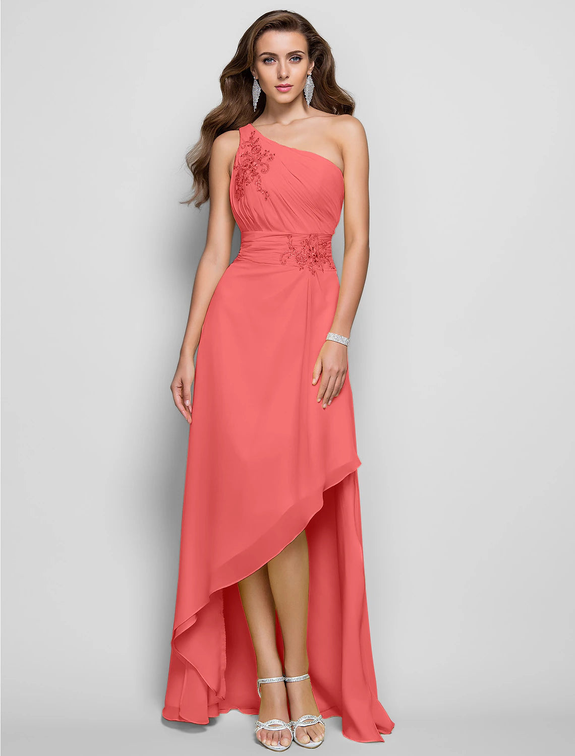 Vestido elegante de corte tubo/columna para invitada de boda, cóctel, asimétrico, sin mangas, un hombro, dama de honor, de gasa con apliques de abertura y cuentas.